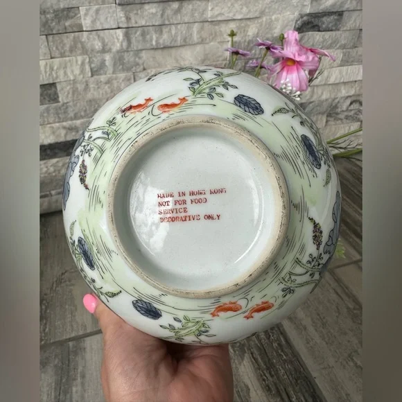 1960s Vintage Chinoiserie Hand Painted Lotus Bowl with Koi Fish Decorative Bowl